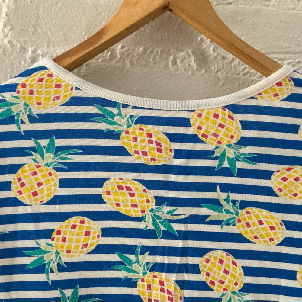 NWT Womens Blue Striped Top 100% Cotton Yellow Pineapple Print Tropical Summer L - Picture 7 of 11